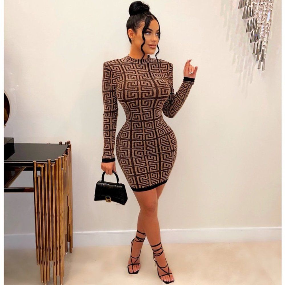Women's Geometric Print Bodycon Mini Dress – Long Sleeve Mock Neck
